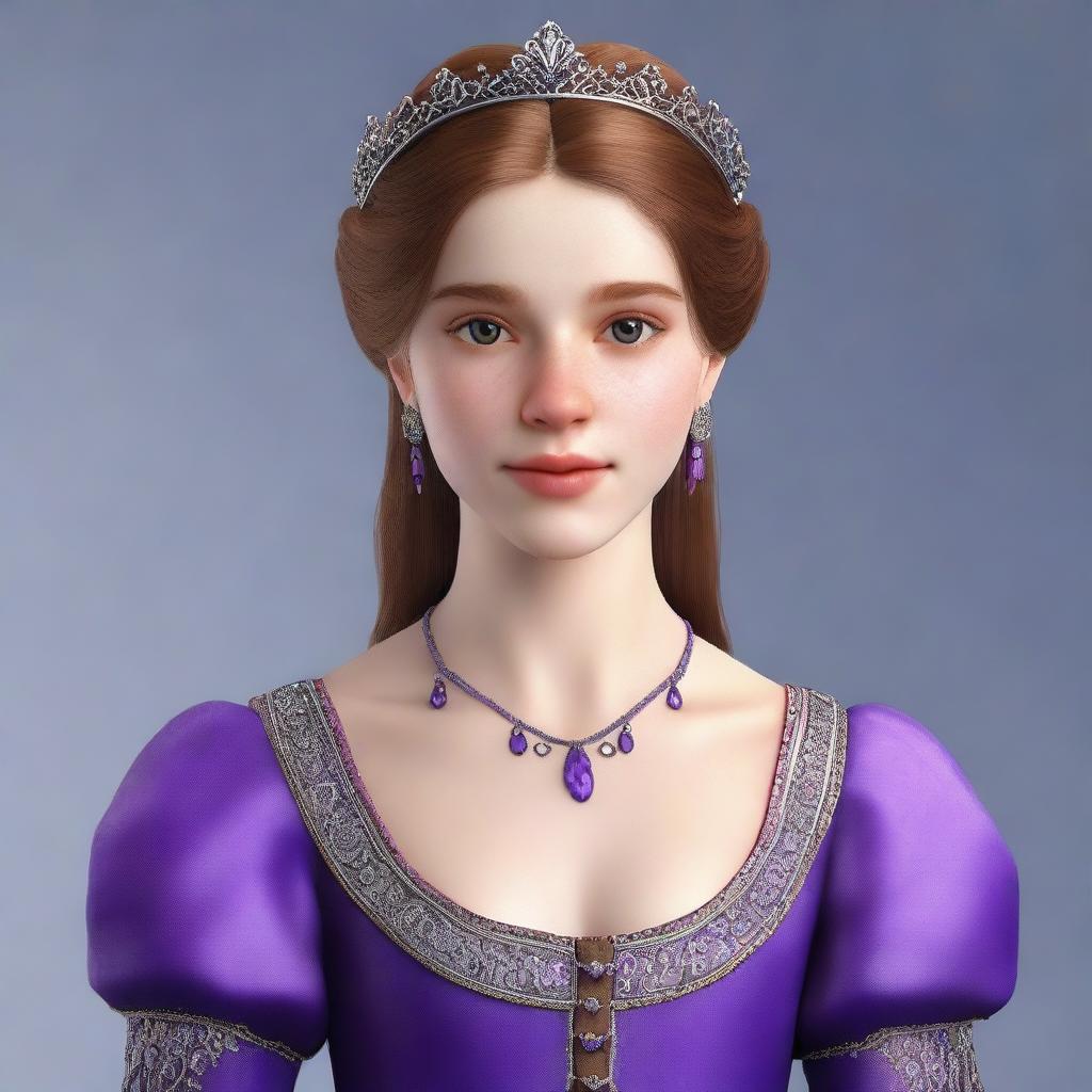 Create a realistic image of a 20-year-old woman with brown eyes, caramel-colored hair, an oval face, freckles, a button nose, and regular lips, dressed in a medieval outfit