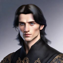 Create a realistic image of a tall 23-year-old man with deep blue eyes, intense onyx-colored hair, a defined jawline, high cheekbones, and a straight, normal nose