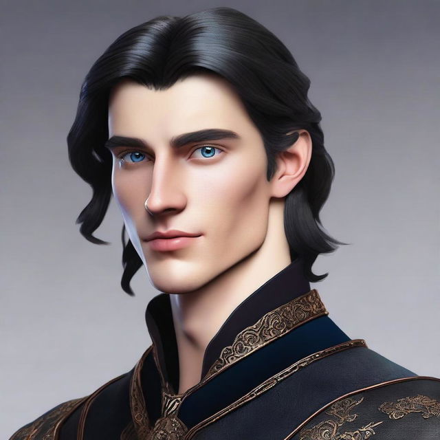 Create a realistic image of a tall 23-year-old man with deep blue eyes, intense onyx-colored hair, a defined jawline, high cheekbones, and a straight, normal nose