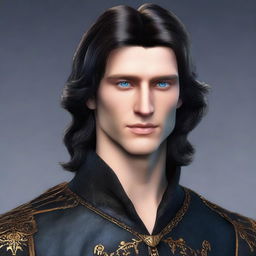 Create a realistic image of a tall 23-year-old man with deep blue eyes, intense onyx-colored hair, a defined jawline, high cheekbones, and a straight, normal nose