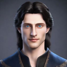 Create a realistic image of a tall 23-year-old man with deep blue eyes, intense onyx-colored hair, a defined jawline, high cheekbones, and a straight, normal nose