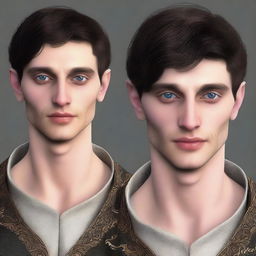 Create a realistic image of a tall 23-year-old man with deep blue eyes, short intense onyx-colored hair, a defined jawline, high cheekbones, and a straight, normal nose