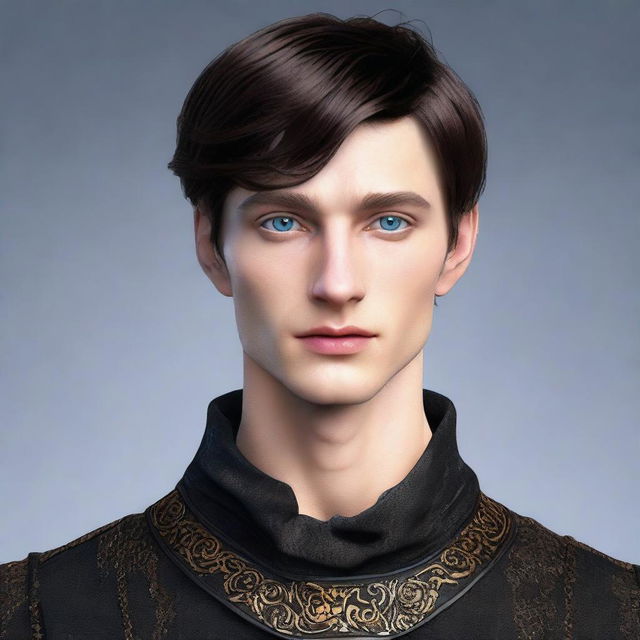 Create a realistic image of a tall 23-year-old man with deep blue eyes, short intense onyx-colored hair, a defined jawline, high cheekbones, and a straight, normal nose