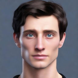 Create a realistic image of a tall 23-year-old man with deep blue eyes, short intense onyx-colored hair, a defined jawline, high cheekbones, and a straight, normal nose