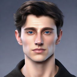 Create a realistic image of a tall 23-year-old man with deep blue eyes, short intense onyx-colored hair, a defined jawline, high cheekbones, and a straight, normal nose