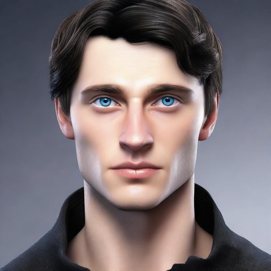 Create a realistic image of a tall 23-year-old man with deep blue eyes, short intense onyx-colored hair, a defined jawline, high cheekbones, and a straight, normal nose