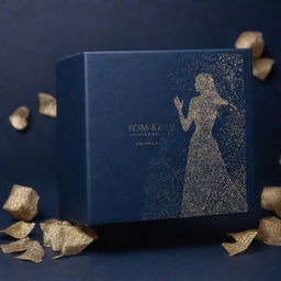 A 4k resolution packaging pattern design featuring a unisex reinterpretation of the Blue Lady concept in a romantic tone, showcased by a couple. The design casts a navy blue background with glimmers of golden accents.