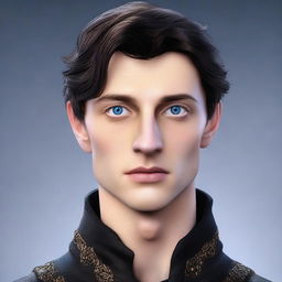 Create a realistic image of a tall 23-year-old man with deep blue eyes, short intense onyx-colored hair, a defined jawline, high cheekbones, and a straight, normal nose