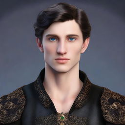 Create a realistic image of a tall 23-year-old man with deep blue eyes, short intense onyx-colored hair, a defined jawline, high cheekbones, and a straight, normal nose