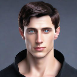 Create a realistic image of a tall 23-year-old man with deep blue eyes, short intense onyx-colored hair, a defined jawline, high cheekbones, and a straight, normal nose