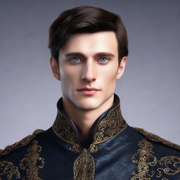 Create a realistic image of a tall 23-year-old man with deep blue eyes, short intense onyx-colored hair, a defined jawline, high cheekbones, and a straight, normal nose