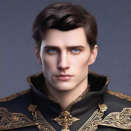 Create a realistic image of a tall 23-year-old man with deep blue eyes, short intense onyx-colored hair, a defined jawline, high cheekbones, and a straight, normal nose