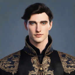 Create a realistic image of a tall 23-year-old man with deep blue eyes, short intense onyx-colored hair, a defined jawline, high cheekbones, and a straight, normal nose