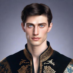 Create a realistic image of a tall 23-year-old man with deep blue eyes, short intense onyx-colored hair, a defined jawline, high cheekbones, and a straight, normal nose