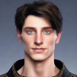 Create a realistic image of a tall 23-year-old man with deep blue eyes, short intense onyx-colored hair, a defined jawline, high cheekbones, and a straight nose