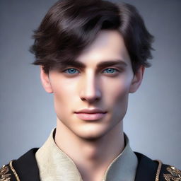 Create a realistic image of a tall 23-year-old man with deep blue eyes, short intense onyx-colored hair, a defined jawline, high cheekbones, and a straight nose