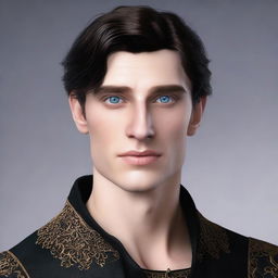 Create a realistic image of a tall 23-year-old man with deep blue eyes, short intense onyx-colored hair, a defined jawline, high cheekbones, and a straight nose