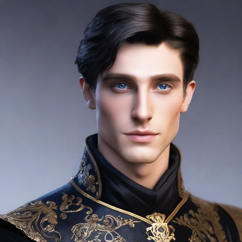 Create a realistic image of a tall 23-year-old man with deep blue eyes, short intense onyx-colored hair, a defined jawline, high cheekbones, and a straight nose