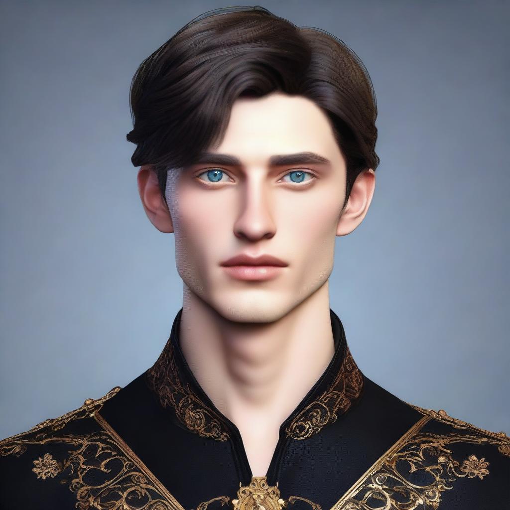 Create a realistic image of a tall 23-year-old man with deep blue eyes, short intense onyx-colored hair, a defined jawline, high cheekbones, and a straight nose