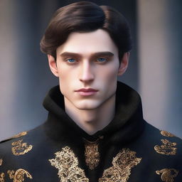 Create a realistic image of a tall 23-year-old man with deep blue eyes, short intense onyx-colored hair, a defined jawline, high cheekbones, and a straight nose