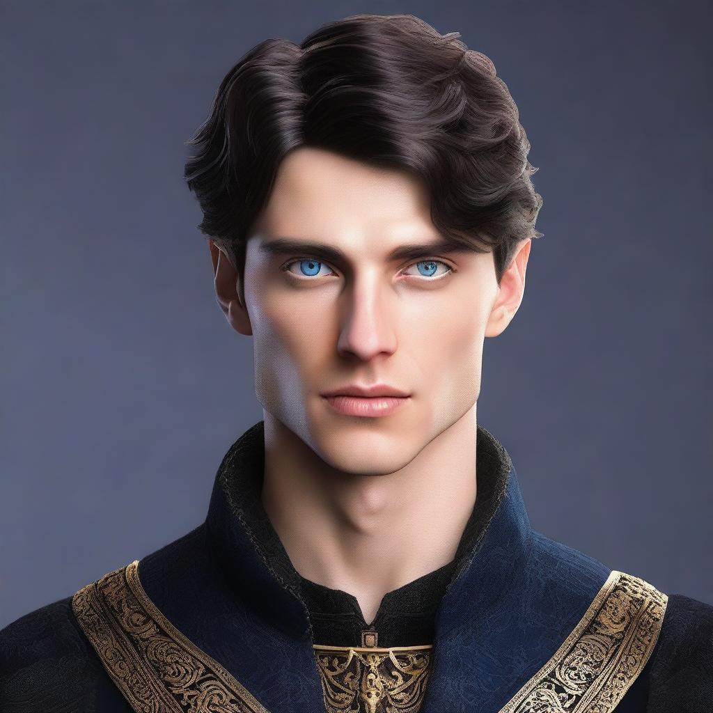 Create a realistic image of a tall 23-year-old man with deep blue eyes, short intense onyx-colored hair, a defined jawline, high cheekbones, and a straight nose