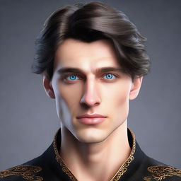 Create a realistic image of a tall 23-year-old man with deep blue eyes, short intense onyx-colored hair, a defined jawline, high cheekbones, and a straight nose