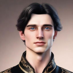 Create a realistic image of a tall 23-year-old man with deep blue eyes, short intense onyx-colored hair, a defined jawline, high cheekbones, and a straight nose