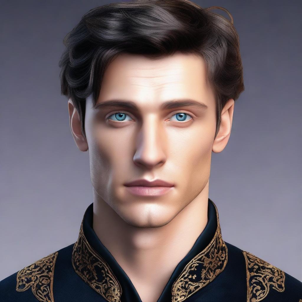 Create a realistic image of a tall 23-year-old man with deep blue eyes, short intense onyx-colored hair, a defined jawline, high cheekbones, and a straight nose