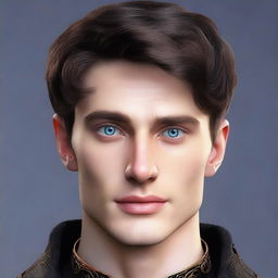 Create a realistic image of a tall 23-year-old man with deep blue eyes, short intense onyx-colored hair, a defined jawline, high cheekbones, and a straight nose