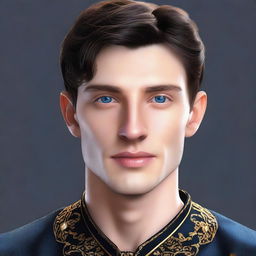 Create a realistic image of a tall 23-year-old man with deep blue eyes, short intense onyx-colored hair, a defined jawline, high cheekbones, and a straight nose