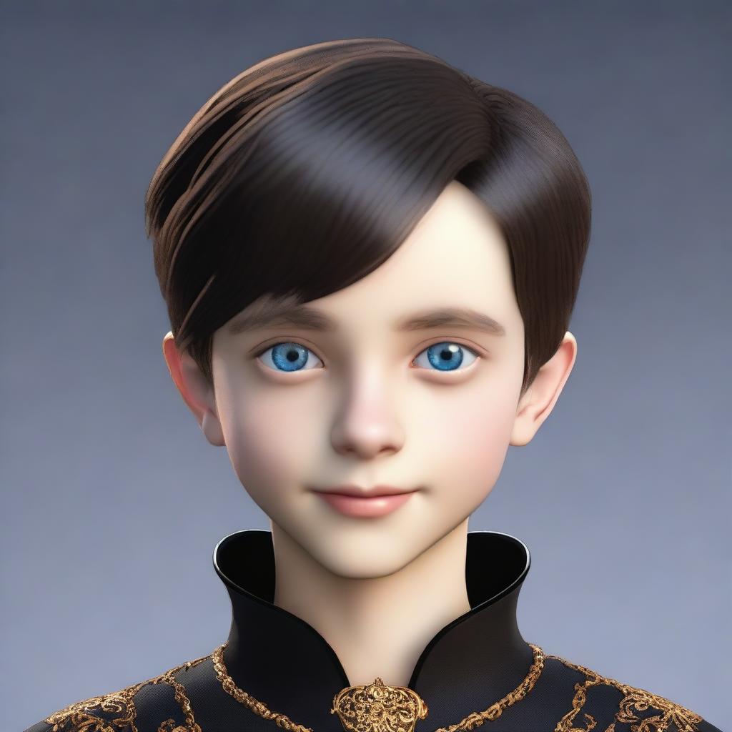 Create a realistic image of a tall 9-year-old boy with deep blue eyes, short intense onyx-colored hair, a defined jawline, high cheekbones, and a straight nose