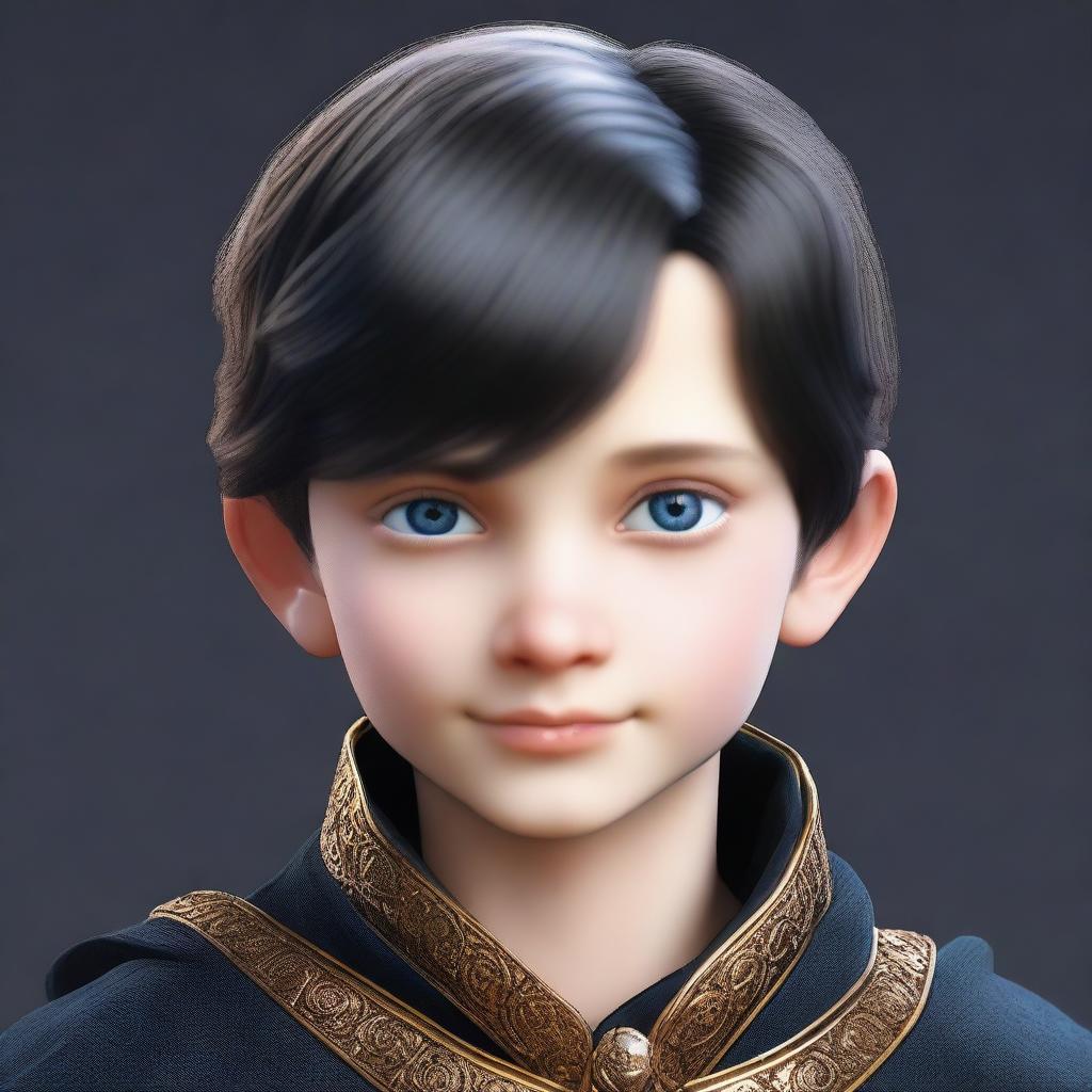 Create a realistic image of a tall 9-year-old boy with deep blue eyes, short intense onyx-colored hair, a defined jawline, high cheekbones, and a straight nose