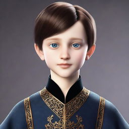 Create a realistic image of a tall 9-year-old boy with deep blue eyes, short intense onyx-colored hair, a defined jawline, high cheekbones, and a straight nose