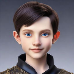 Create a realistic image of a tall 9-year-old boy with deep blue eyes, short intense onyx-colored hair, a defined jawline, high cheekbones, and a straight nose