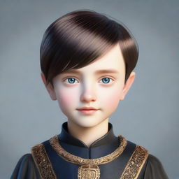 Create a realistic image of a tall 9-year-old boy with deep blue eyes, short intense onyx-colored hair, a defined jawline, high cheekbones, and a straight nose