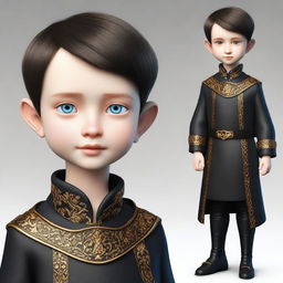 Create a realistic image of a tall 9-year-old boy with deep blue eyes, short intense onyx-colored hair, a defined jawline, high cheekbones, and a straight nose