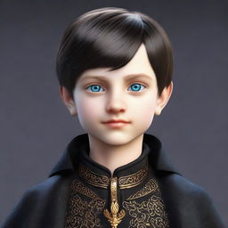 Create a realistic image of a tall 9-year-old boy with deep blue eyes, short intense onyx-colored hair, a defined jawline, high cheekbones, and a straight nose