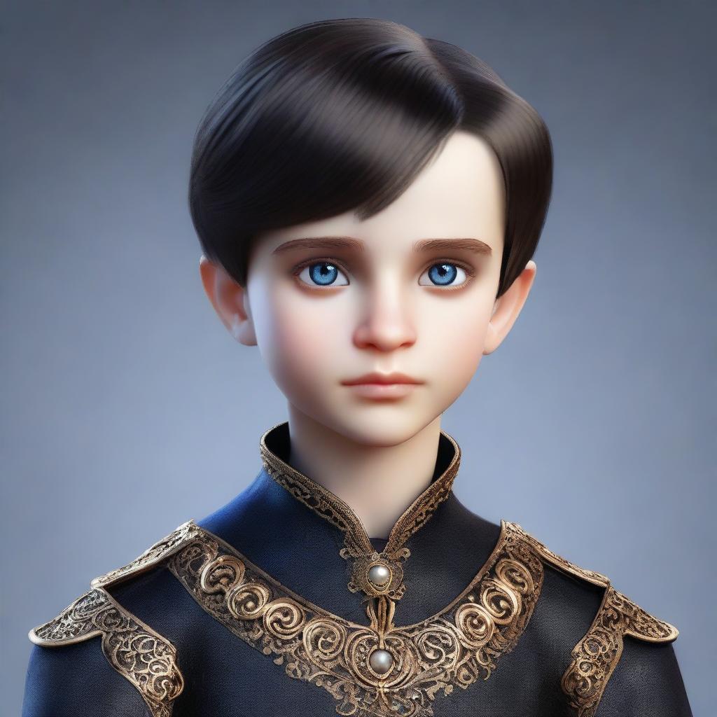 Create a realistic image of a tall 9-year-old boy with deep blue eyes, short intense onyx-colored hair, a defined jawline, high cheekbones, and a straight nose