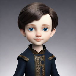 Create a realistic image of a tall 9-year-old boy with deep blue eyes, short intense onyx-colored hair, a defined jawline, high cheekbones, and a straight nose