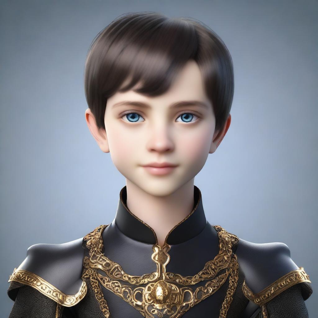 Create a realistic image of a tall 9-year-old boy with deep blue eyes, short intense onyx-colored hair, a defined jawline, high cheekbones, and a straight nose