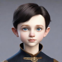 Create a realistic image of a tall 9-year-old boy with deep blue eyes, short intense onyx-colored hair, a defined jawline, high cheekbones, and a straight nose