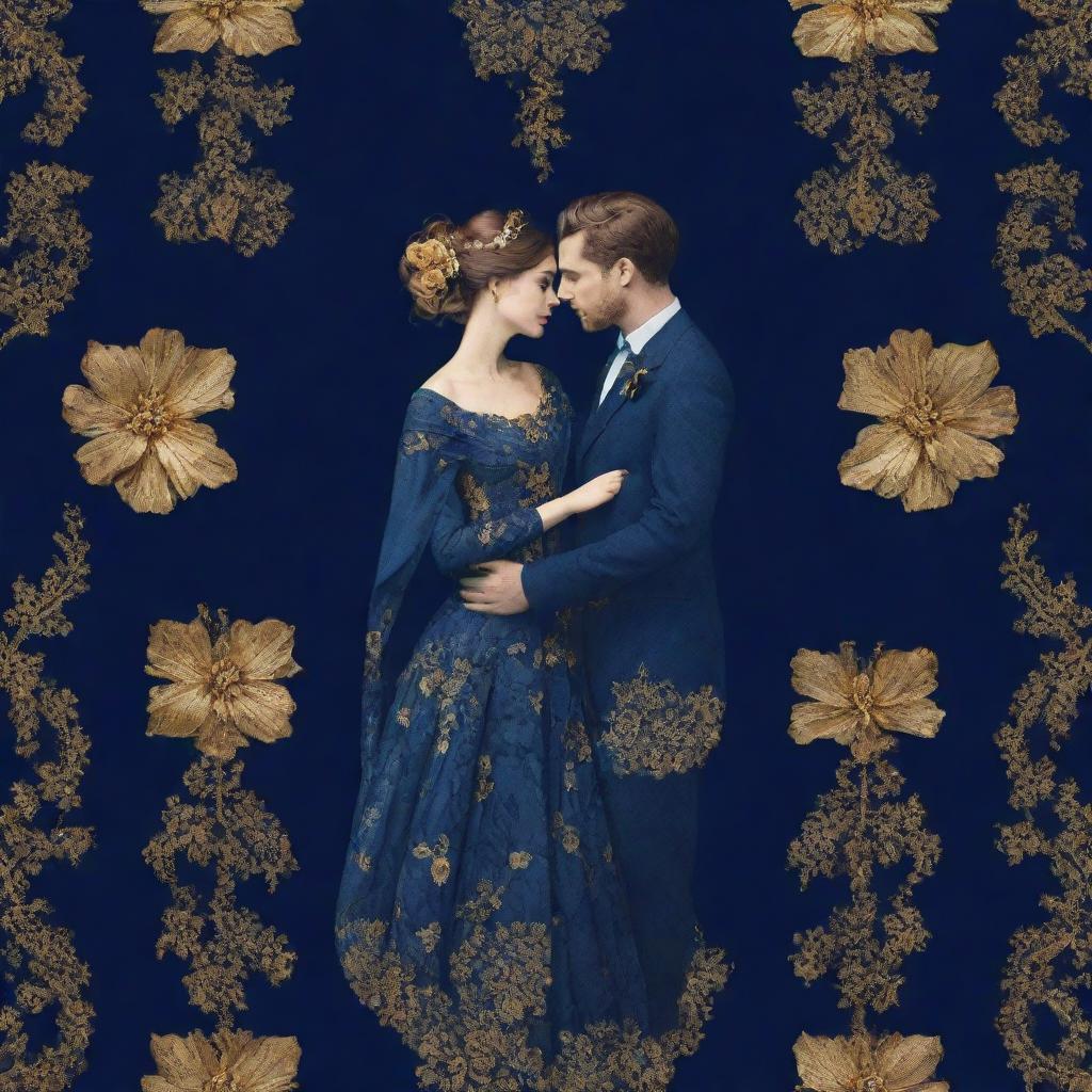 A romantic pattern design in 4k resolution featuring a unisex couple encapsulating the 'Blue Lady' concept. The artistry unfolds on a navy blue background accentuated with striking golden details.