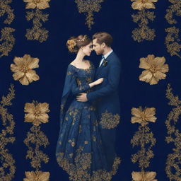 A romantic pattern design in 4k resolution featuring a unisex couple encapsulating the 'Blue Lady' concept. The artistry unfolds on a navy blue background accentuated with striking golden details.