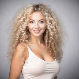 A beautiful blonde woman with curly hair, posing confidently