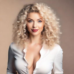 A beautiful blonde woman with curly hair, posing confidently