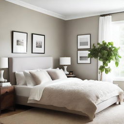 Enhance the original cozy bedroom scene by adding a single framed picture on the wall