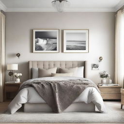 Enhance the original cozy bedroom scene by adding a single framed picture on the wall