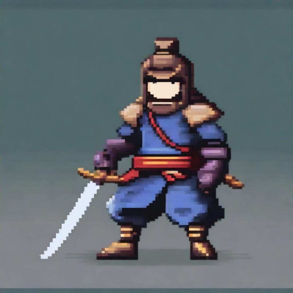 A pixel art character in a fantasy RPG game wielding a sword and dressed as a samurai