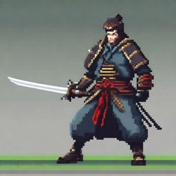 A pixel art character in a fantasy RPG game wielding a sword and dressed as a samurai