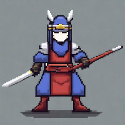 A pixel art character in a fantasy RPG game wielding a sword and dressed as a samurai